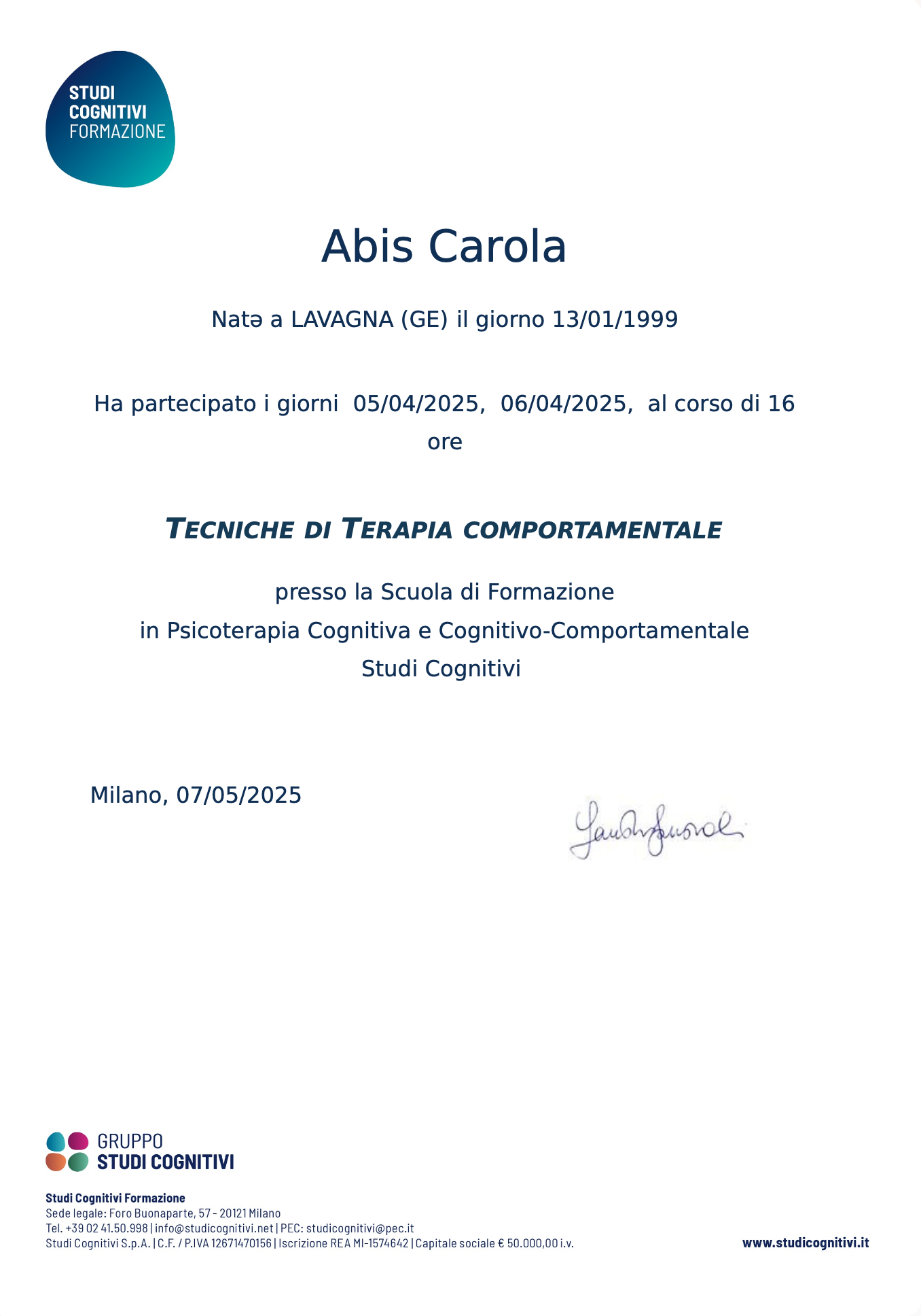 Tecniche di terapia comportamentale — attestato di Carola Abis